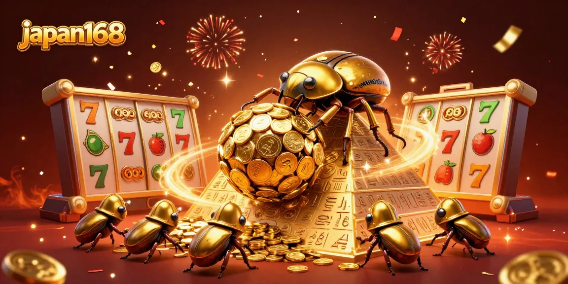 Join the exciting japan168 slot adventure where golden beetles celebrate big wins amidst vibrant casino elements.