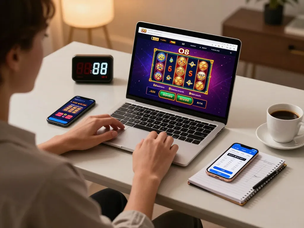 Person enjoying online casino gaming at O8 with laptop and smartphone setup, strategic notes and warm lighting.