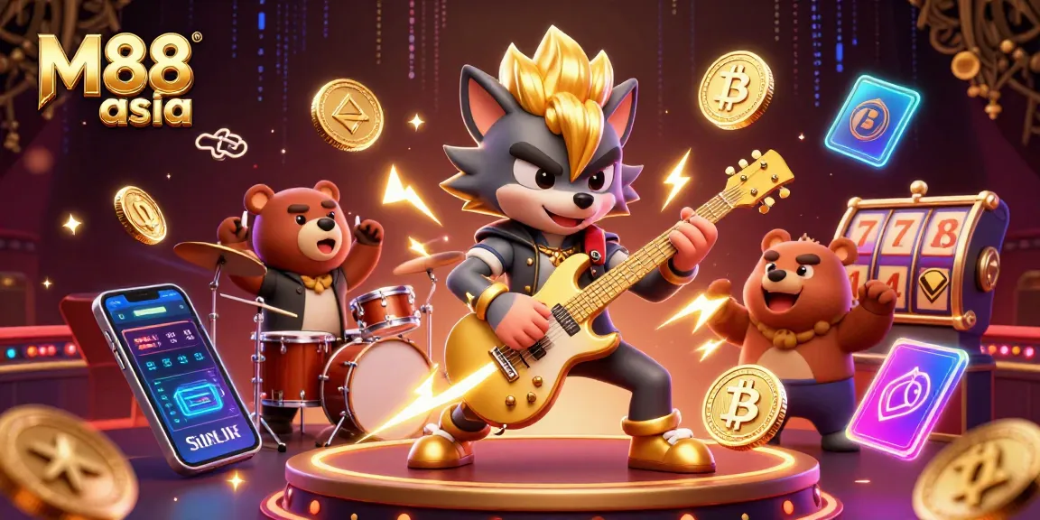 Experience thrilling gameplay with M88 asia as a rock star wolf shreds on stage amidst casino elements.