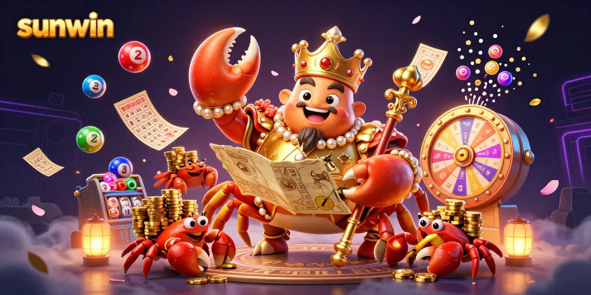Experience the thrill of sunwin games with a vibrant scene featuring a golden crab emperor and dynamic gambling elements.