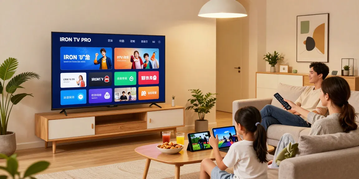 Famille utilisant Iron tv pro sur Smart TV dans un salon moderne.