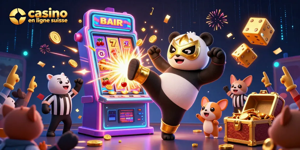 Vibrez au casino en ligne suisse avec un panda lutteur et un chihuahua arbitre dans une scène animée
