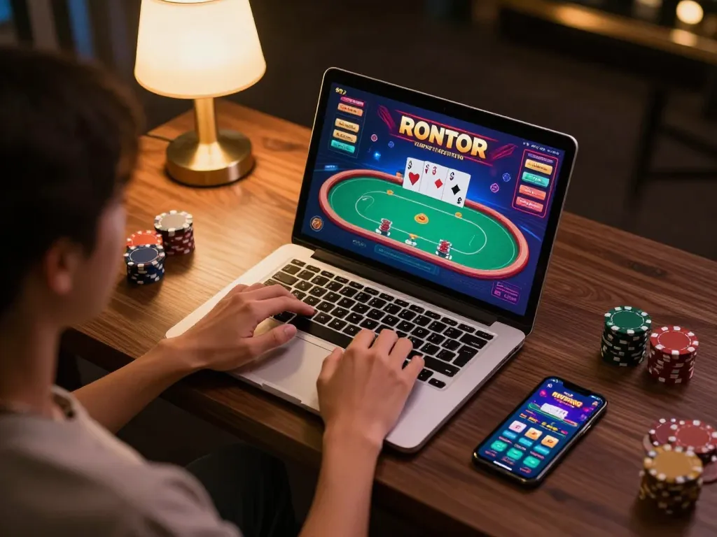 28bet8 player engaged in online poker game on laptop, showcasing a comfortable gaming setup