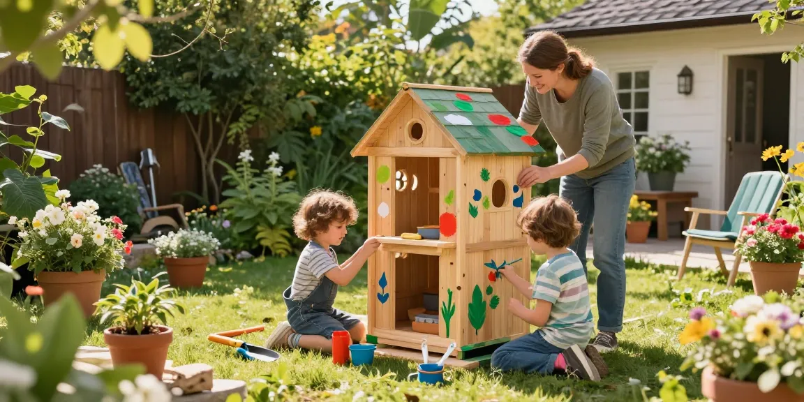 Familie baut ein Gartenhaus im Garten, umgeben von Pflanzen und Sonnenlicht.