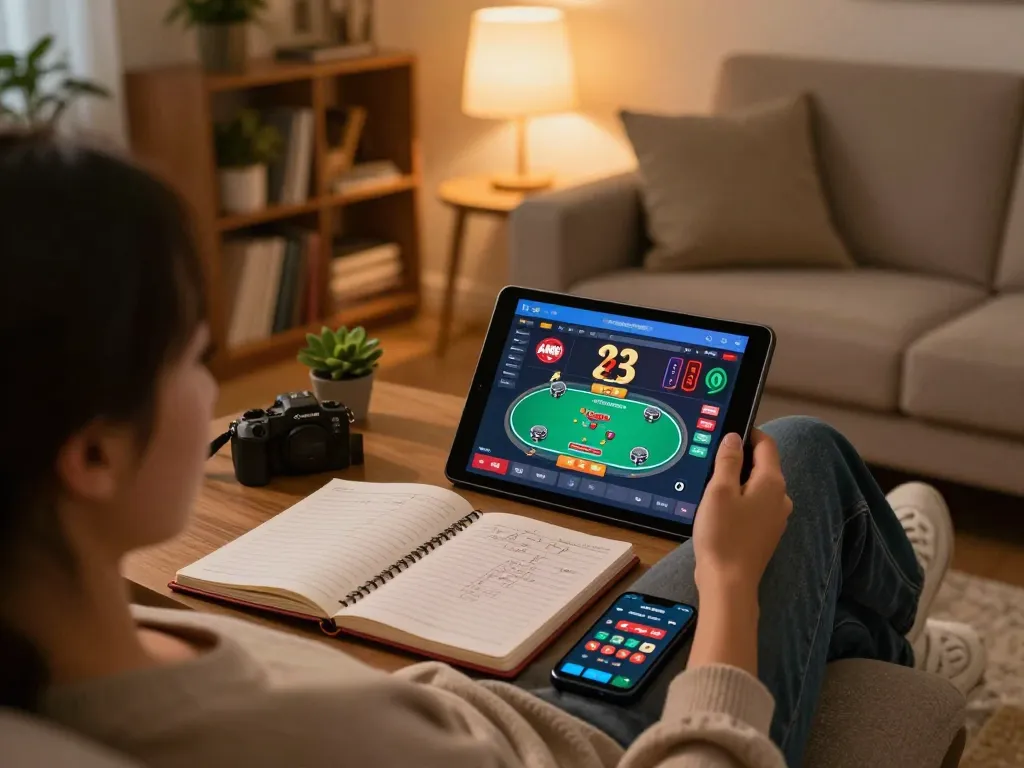 Persona che si gode il gioco online su una piattaforma di siti non AAMS a casa con luce calda e appunti strategici.