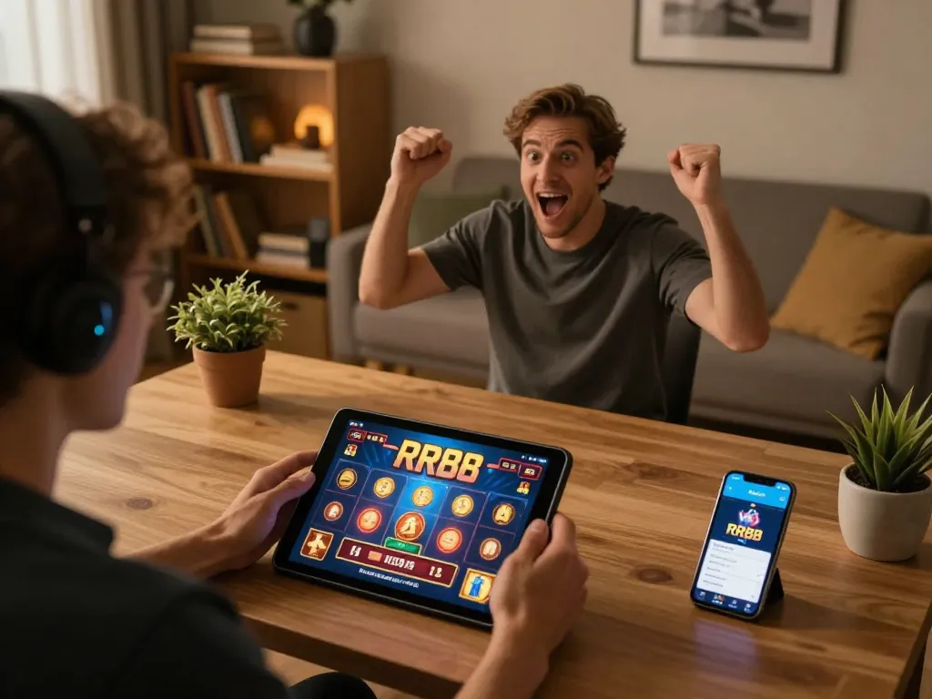 Player celebrating a win while using the RR88 mobile app for casino gaming in a cozy home setting