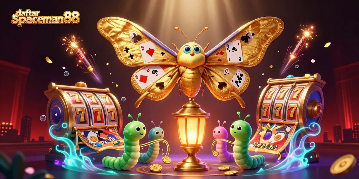 Engage with daftar spaceman88 in this vibrant casino scene featuring an atlas moth and slot elements.
