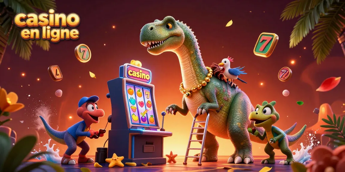 Illustration animée de casino en ligne avec un brontosaurus et un raptor jouant aux machines à sous.