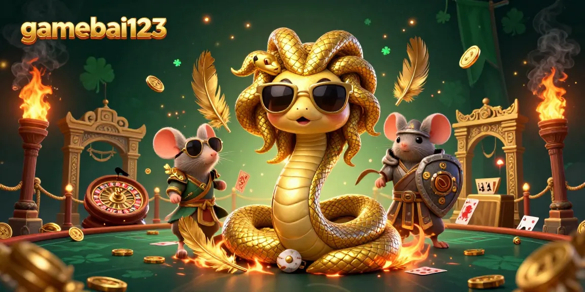 Experience thrilling gaming at gamebai123 with Medusa and a warrior in this vibrant casino scene.