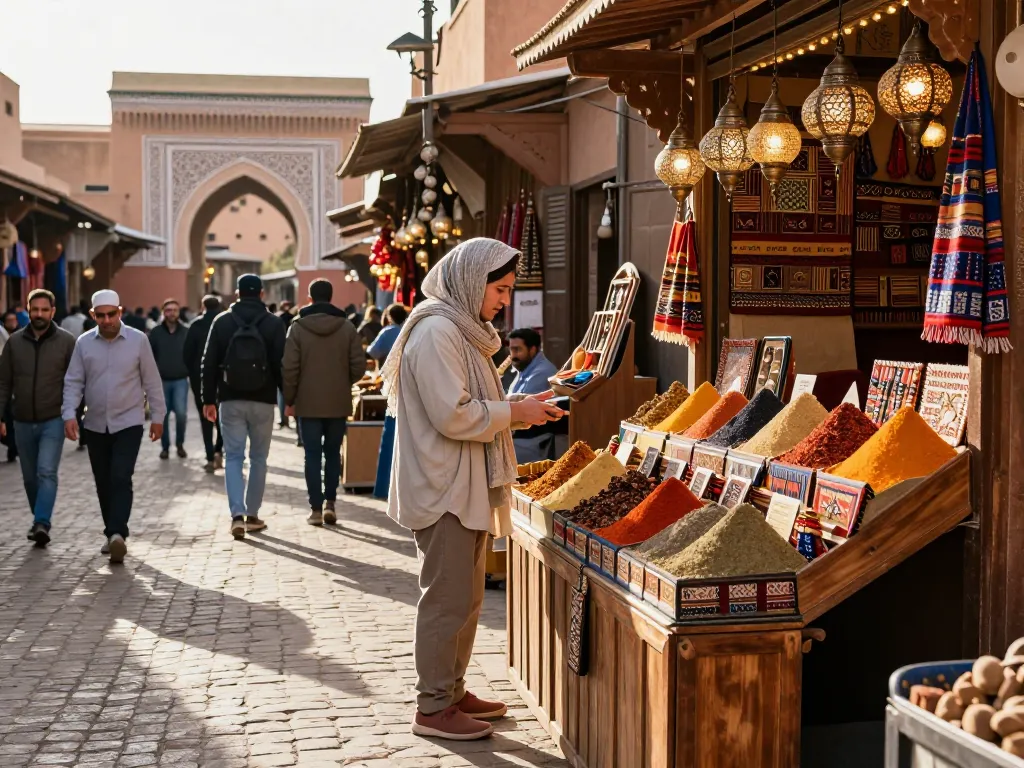 Engaged traveler at Marrakech medina exploring local crafts, showcasing services of a leading morocco tour company.