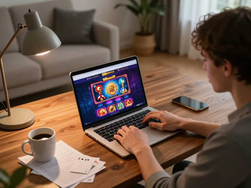 Engaged player enjoying online games at 98win9 casino on laptop at home