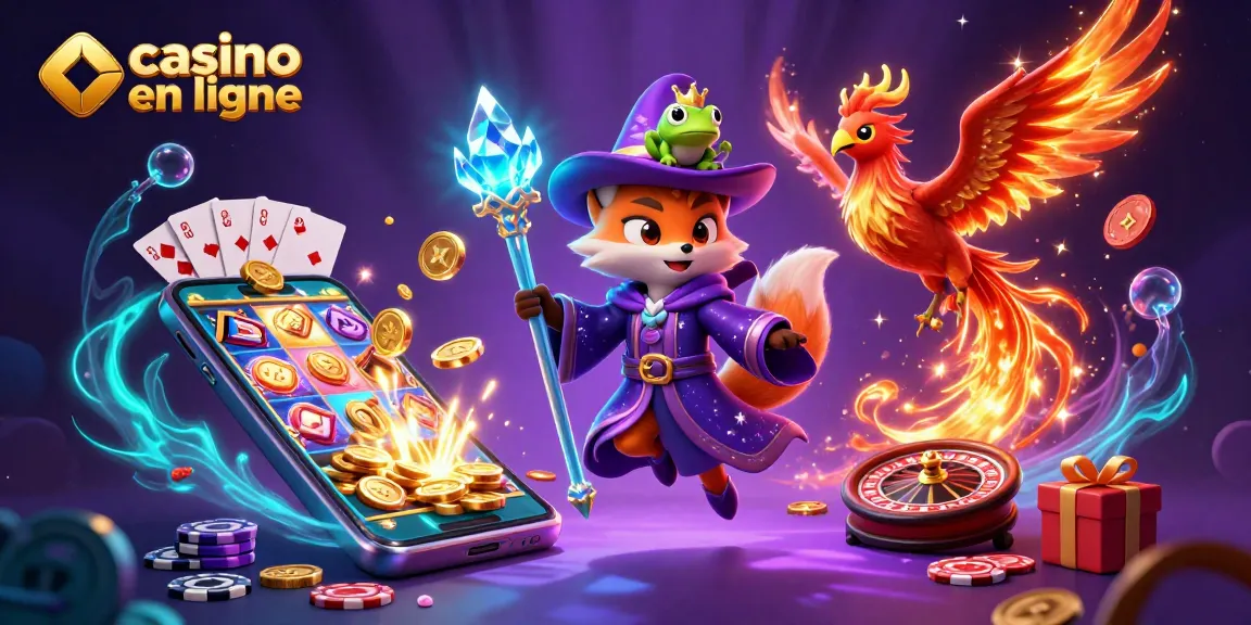 Illustration 3D d'un casino en ligne attirant avec un renard sorcier et un phénix.