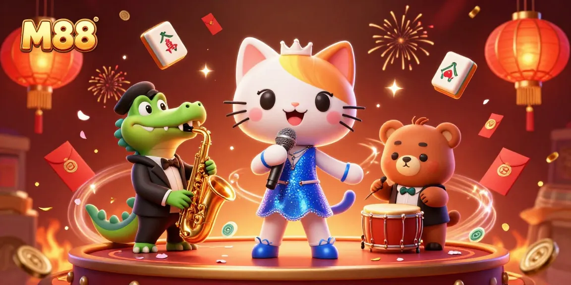 M88 brings excitement with a jazz-singer cat, crocodile, and bear cub on stage, celebrating casino wins.