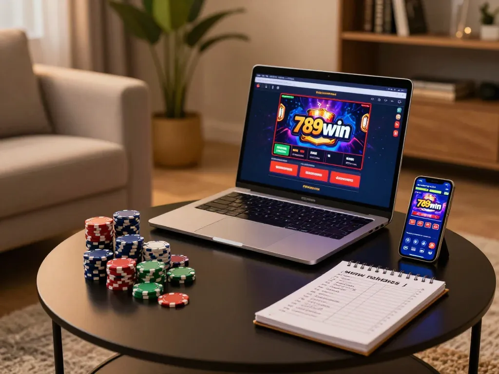 Engaging in online gaming at 789win with a laptop and casino chips in a cozy setup.