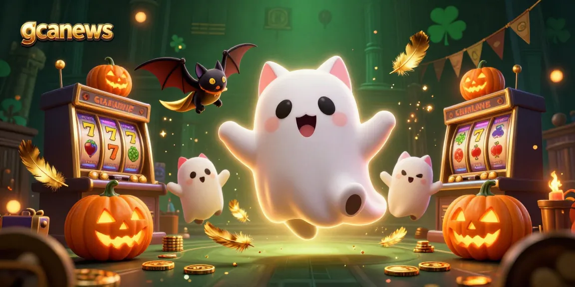 gcanews showcases players enjoying thrilling slots in a haunted casino with ghost cat, bat, and glowing pumpkins