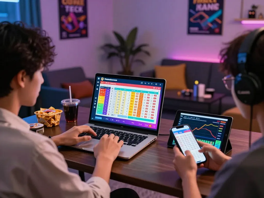 Engaging scene of players checking Pengeluaran HK results on devices in a vibrant online lottery environment.