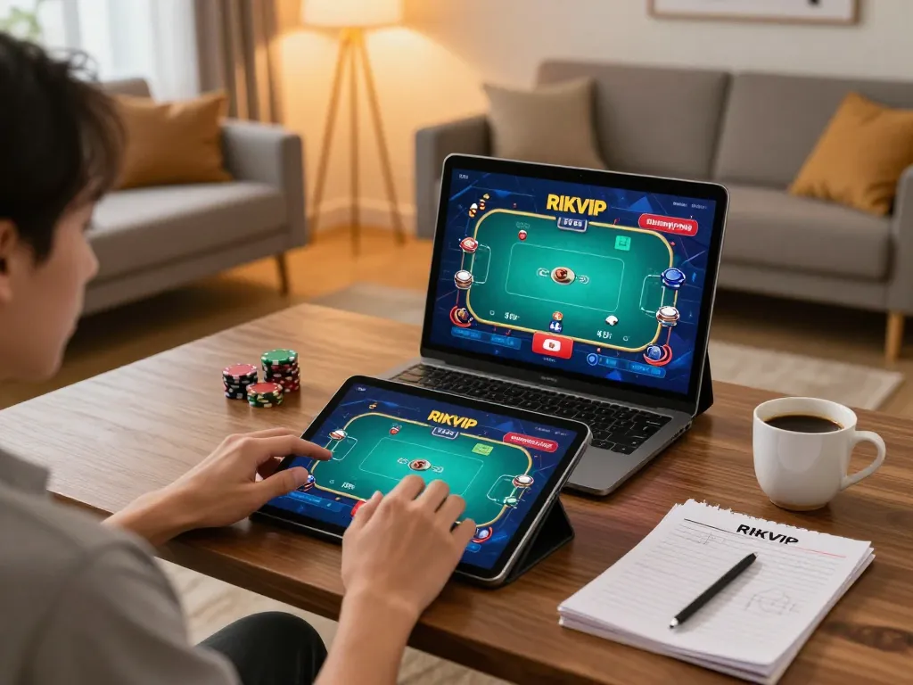 Engaging in RIKVIP poker game on a tablet in a stylish home setup with strategy notes.