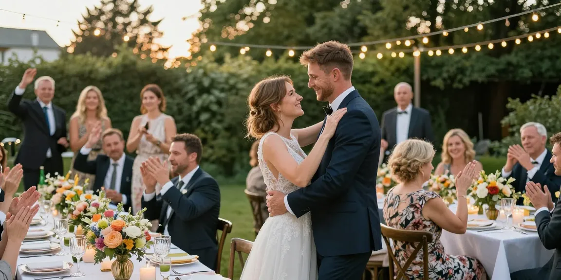 Hochzeit DJ Brandenburg: Feierliches Paar tanzt unter Lichtern bei Hochzeitsrezeption.