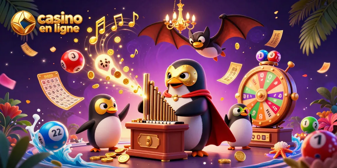 Jouez en ligne au casino avec une scène animée de jeu de loterie et un pingouin mystérieux.