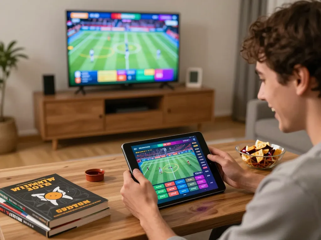 Siti non AAMS utente entusiasta che piazza scommesse su un tablet mentre guarda i momenti salienti sportivi.