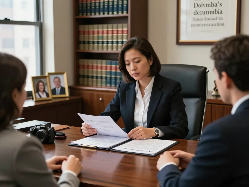 Columbia divorce lawyer consulting a client with legal documents in a professional office setting.