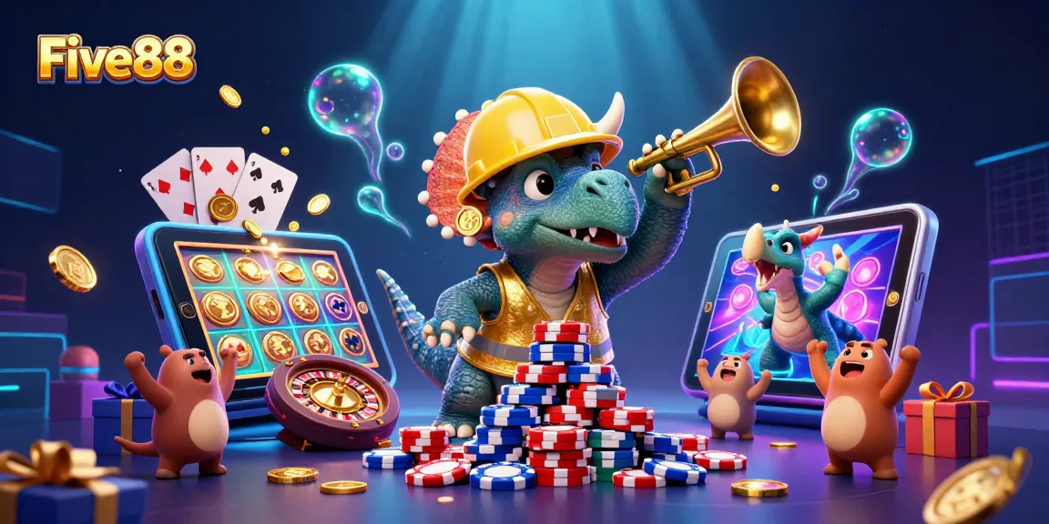 Celebrate wins at Five88 with a vibrant casino scene featuring dinosaurs and dynamic gaming elements.