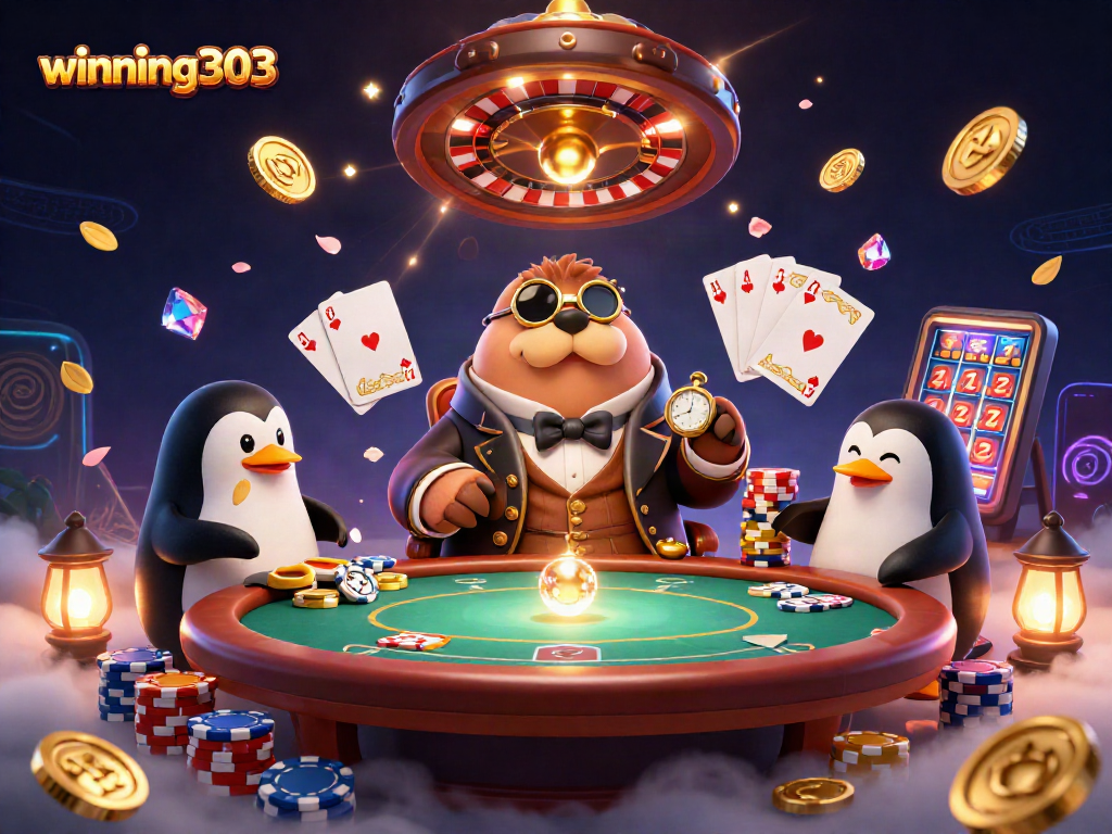 Playing poker underwater with winning303 characters in vibrant, animated scene.