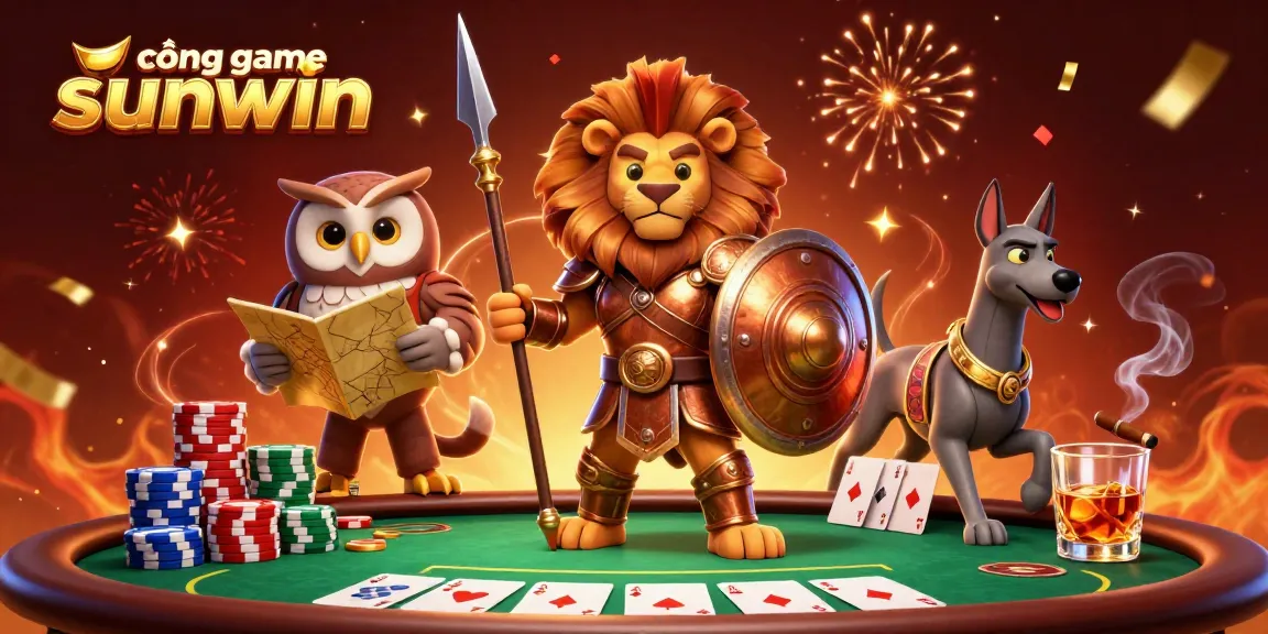 Cổng game sunwin showcases an epic encounter between a Spartan lion, a wise owl, and a swift greyhound amidst vibrant casino elements.