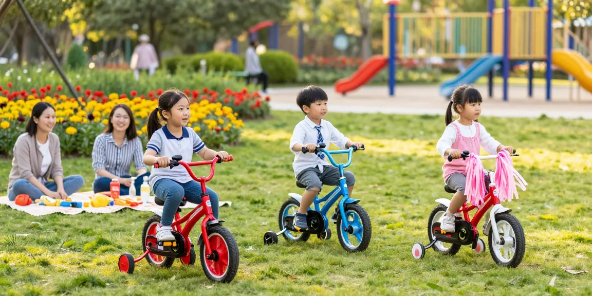 Children joyfully riding the best kids tricycles in a sunny park.