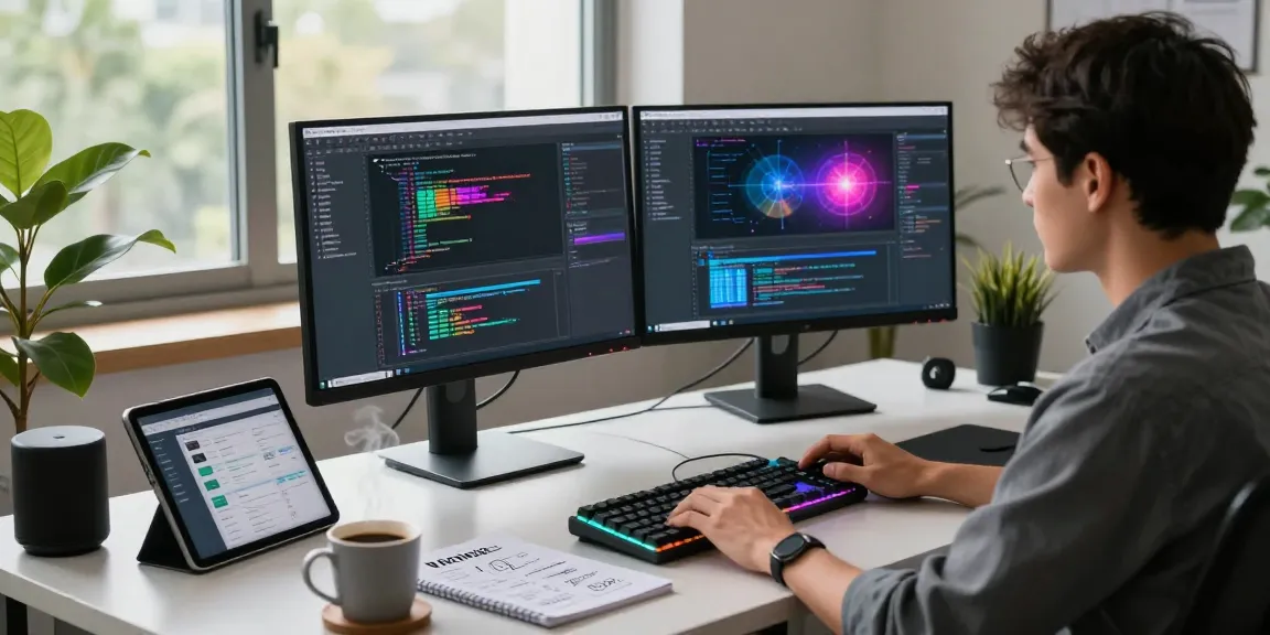 Developer utilizing NAGA2000 in a modern tech workspace with dual monitors and a vibrant atmosphere.