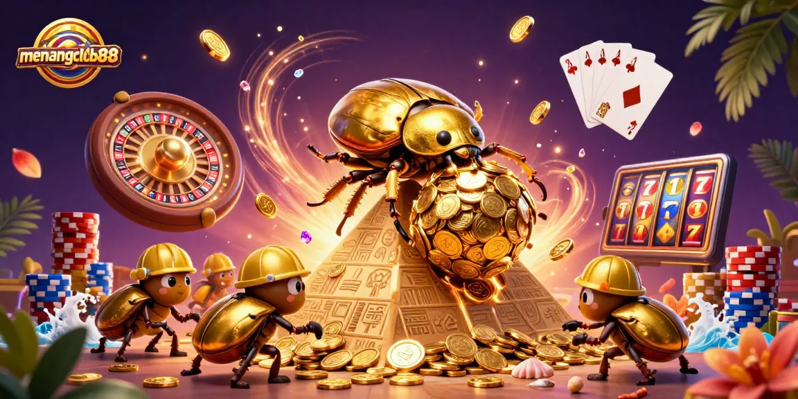 Experience the excitement of menangclub88 with vibrant golden coins and gaming elements swirling around a golden dung beetle.