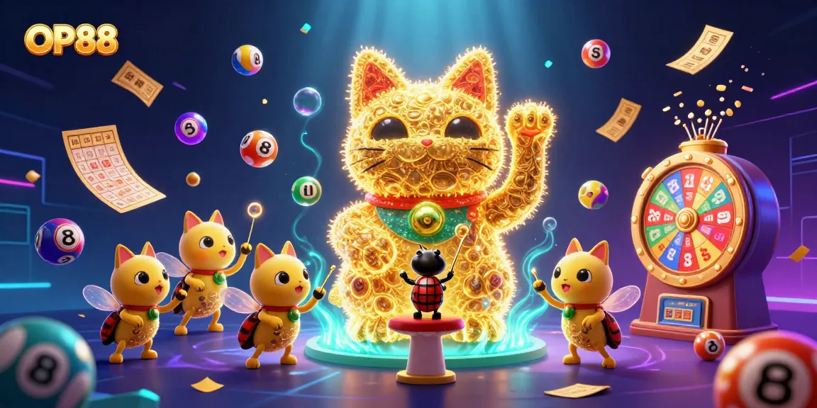 OP88 showcases a dazzling scene with a lucky cat and dynamic casino elements, attracting bettors.