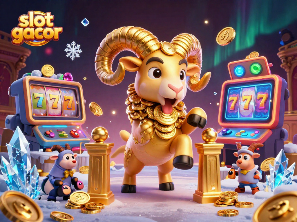 Slot gacor dengan domba emas berlari menuju gerbang, dikelilingi mesin slot berwarna-warni.