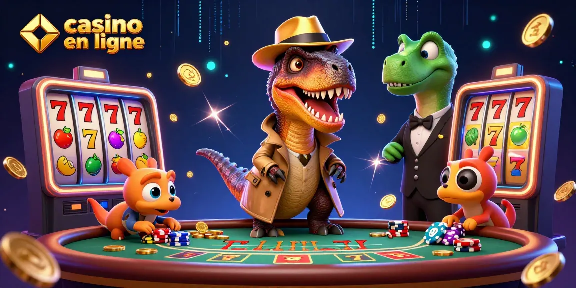 Casino en ligne : illustration d'un vélociraptor joueur à une table de blackjack entouré de symboles de machines à sous.