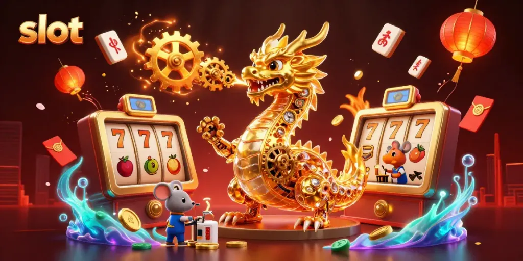 Engage in slot excitement with a golden dragon and dynamic casino elements surrounding it.
