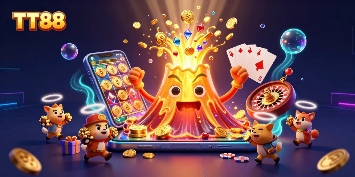 Experience the thrill of gaming at TT88 with vibrant slot reels and treasures erupting from a golden volcano.