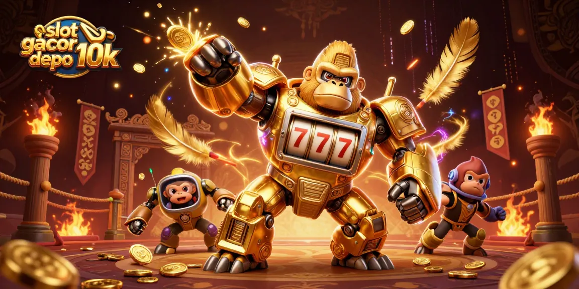 Bermain slot gacor depo 10k dengan gorila emas 3D dan mesin slot terbang, penuh koin dan efek spektakuler.