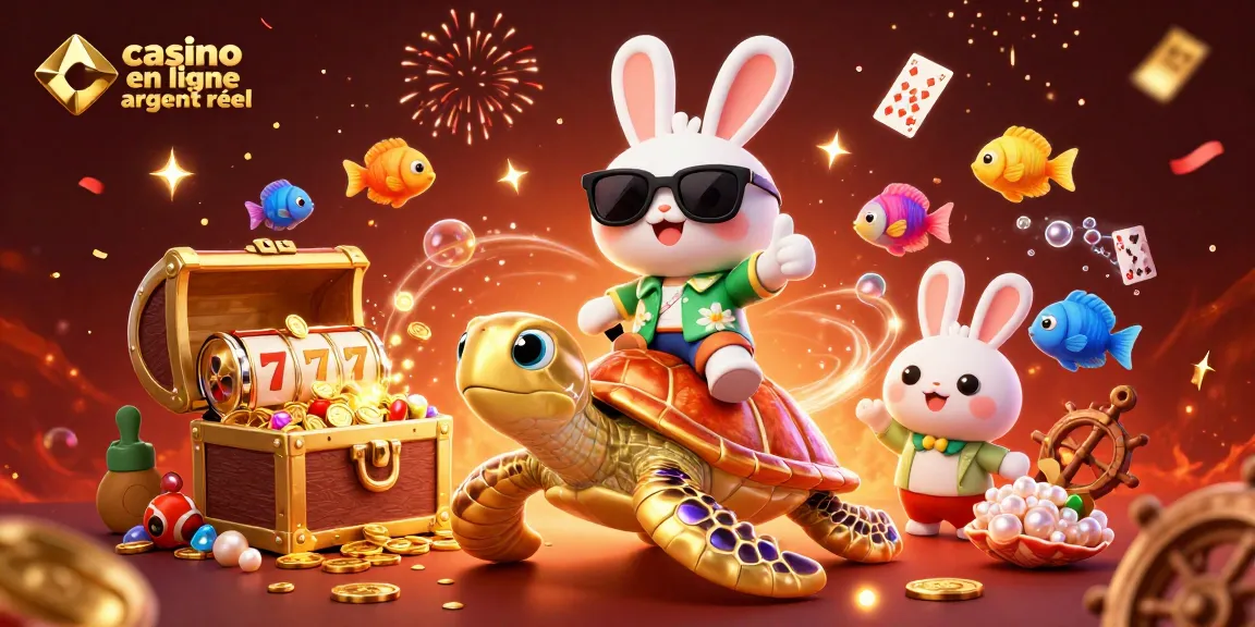 Profitez du jeu de casino en ligne argent réel avec un adorable lapin chanceux célébrant sur une tortue géante.