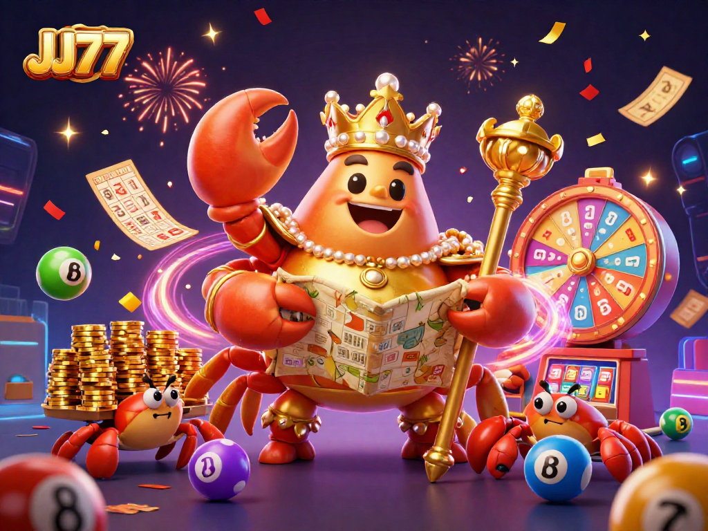 Engage with the exciting JJ77 lottery and bingo landscape, featuring a golden crab emperor amidst vibrant game elements.