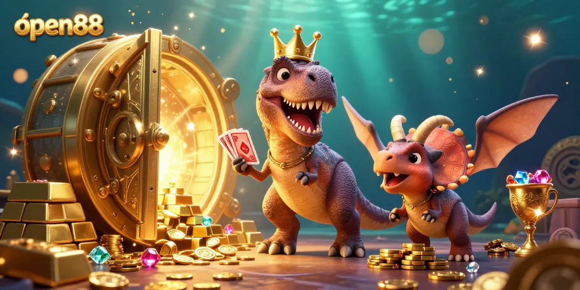 Experience thrilling gaming moments at open88 with friendly dinosaurs amidst treasures and vibrant casino elements.