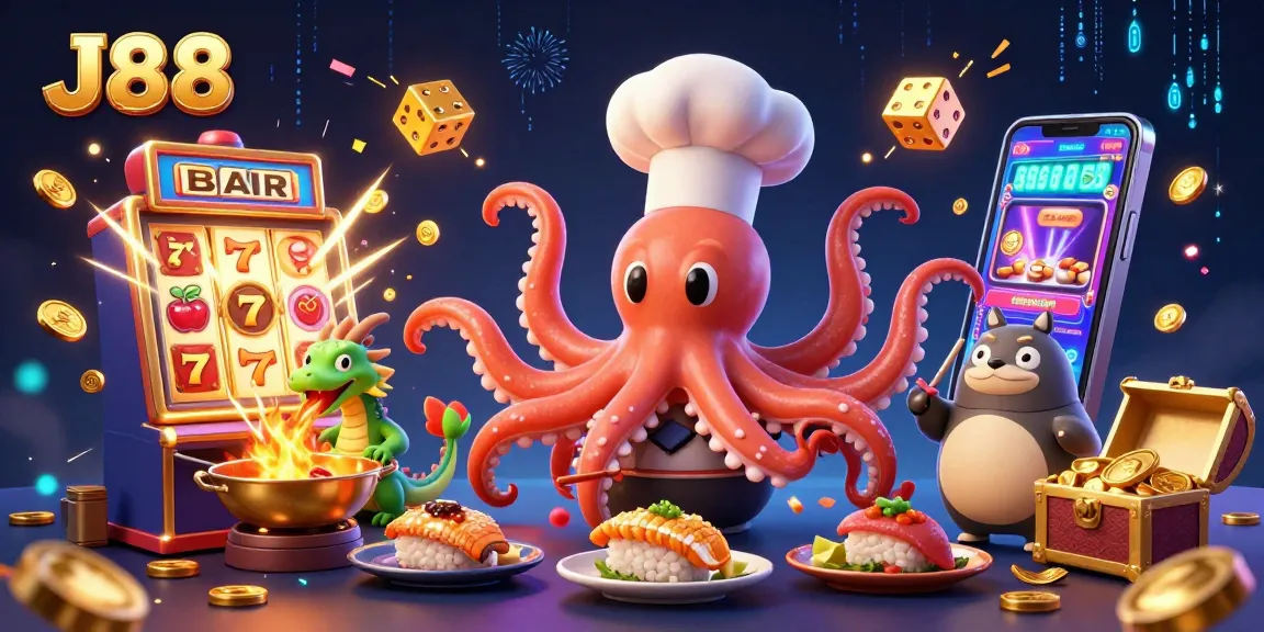 Experience J88 casino excitement with a vibrant 3D illustration of animated characters celebrating jackpots.
