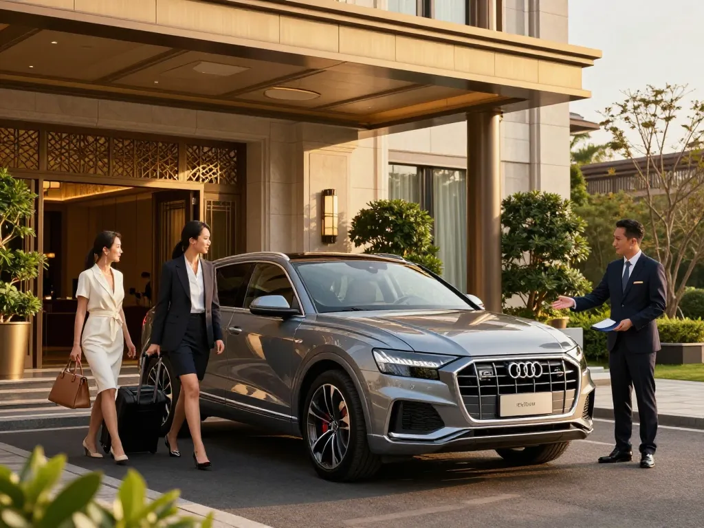 Trải nghiệm cho thuê xe ô tô hạng sang với Audi Q8 tại một khách sạn sang trọng.