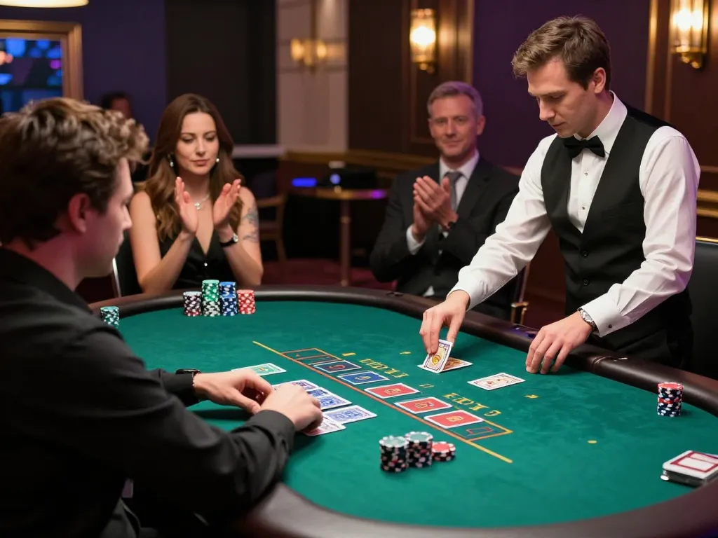 Players strategizing at a blackjack table at 88clb, engaging live with the dealer under ambient lighting.