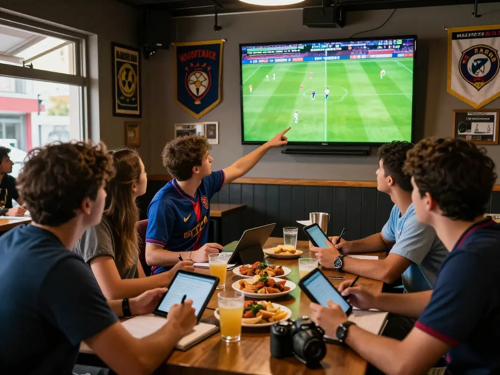 Engaging kèo nhà cái discussion in a sports bar during a live football match.