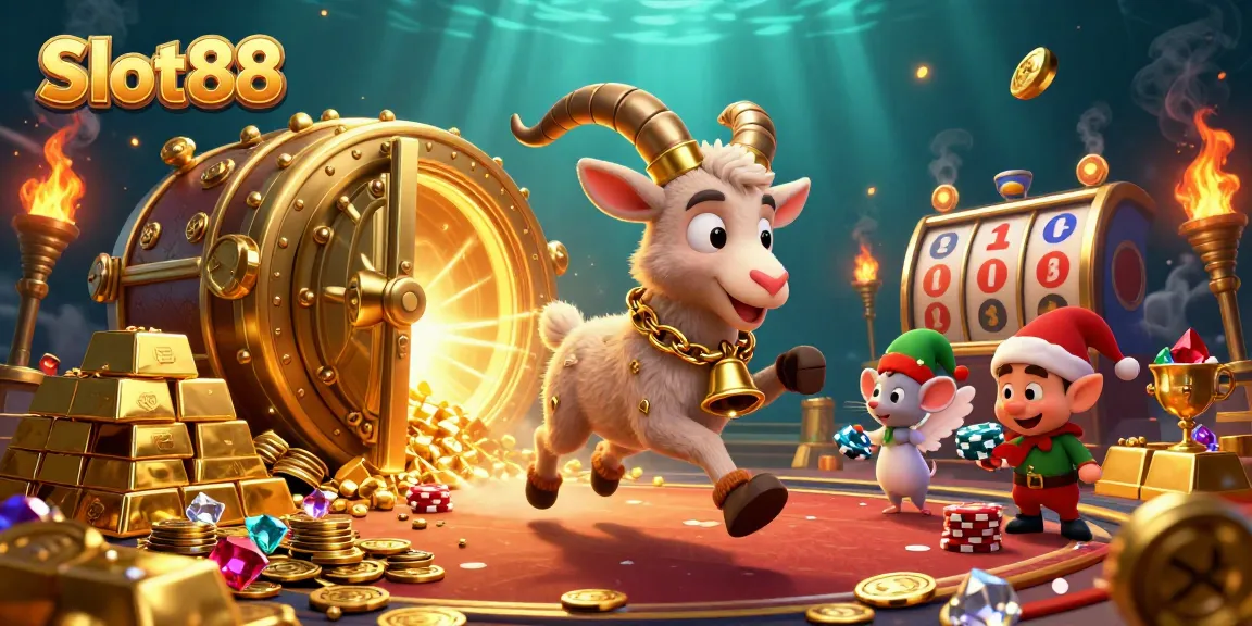 Experience Slot88 thrill in a festive casino scene featuring playful characters and vibrant elements.