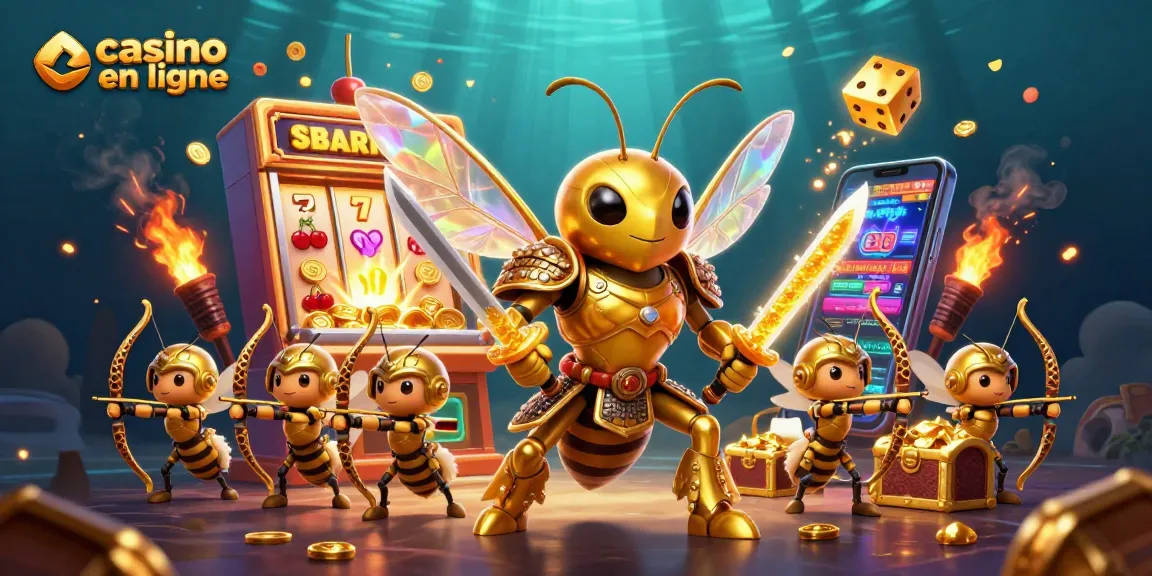 Les jeux dans un casino en ligne : illustration de machines à sous, dés dorés, et personnages fantastiques