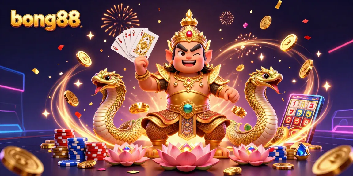 Bong88 features a vibrant 3D casino scene with a Thai temple guardian and gaming elements for thrilling play.