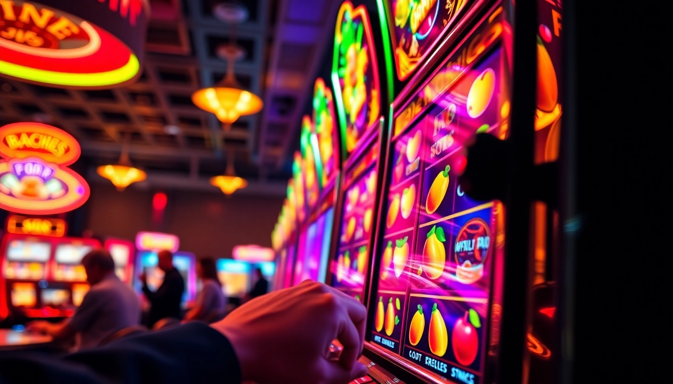 Engaging with the as38 daftar slot at a vibrant casino, showcasing colorful slot machine excitement.