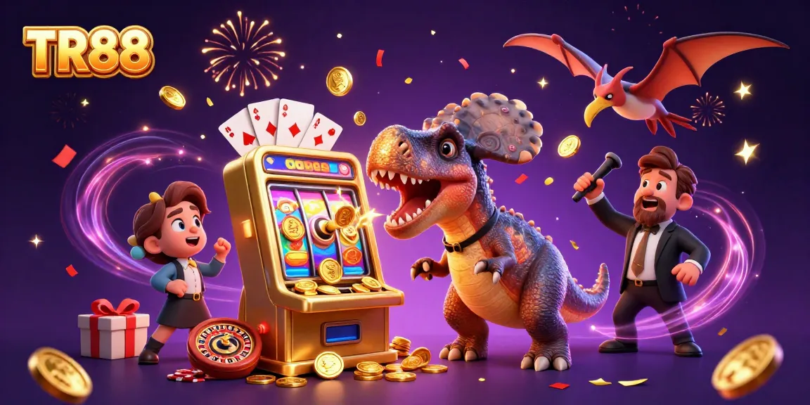 TR88 unleashes exhilarating casino excitement as a pachycephalosaurus wins jackpot coins from a golden slot machine.