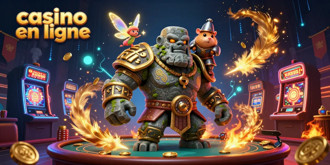 Découvrez un golem gardien et un chevalier hamster au sein d'un casino en ligne vibrant.